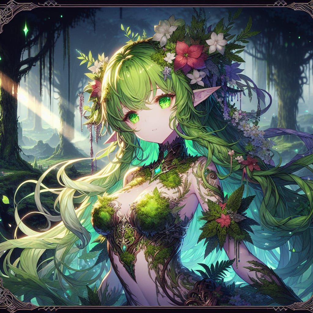Anime Dryad in Moonlight Forest