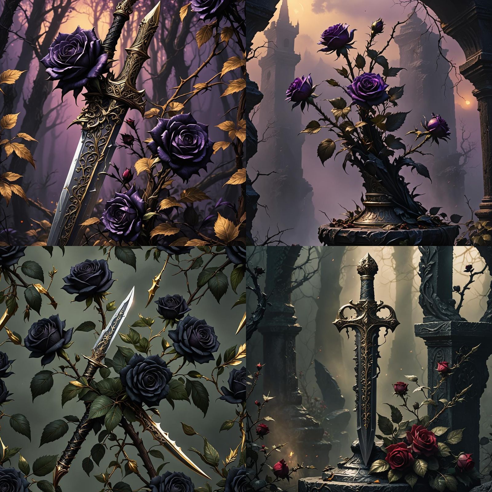 Wild Black Roses Entwined Around a Dagger