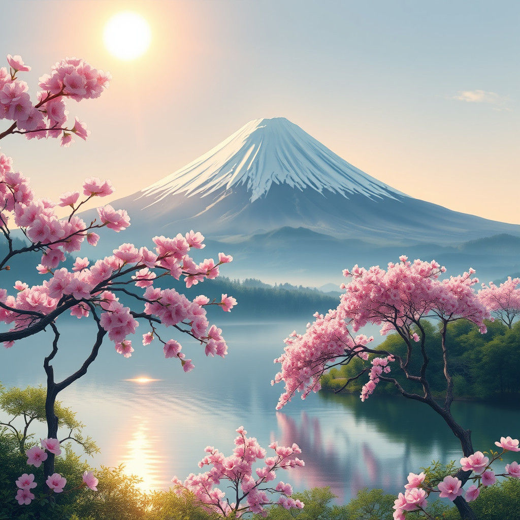 Mount Fuji Cherry Blossoms in Golden Light