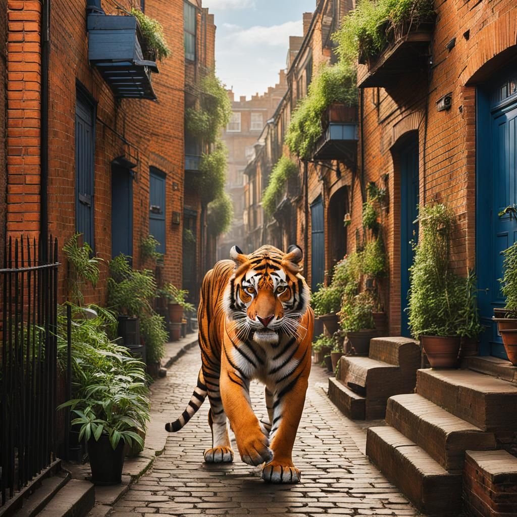 Bengal Tiger Walks City Street in Disney Style