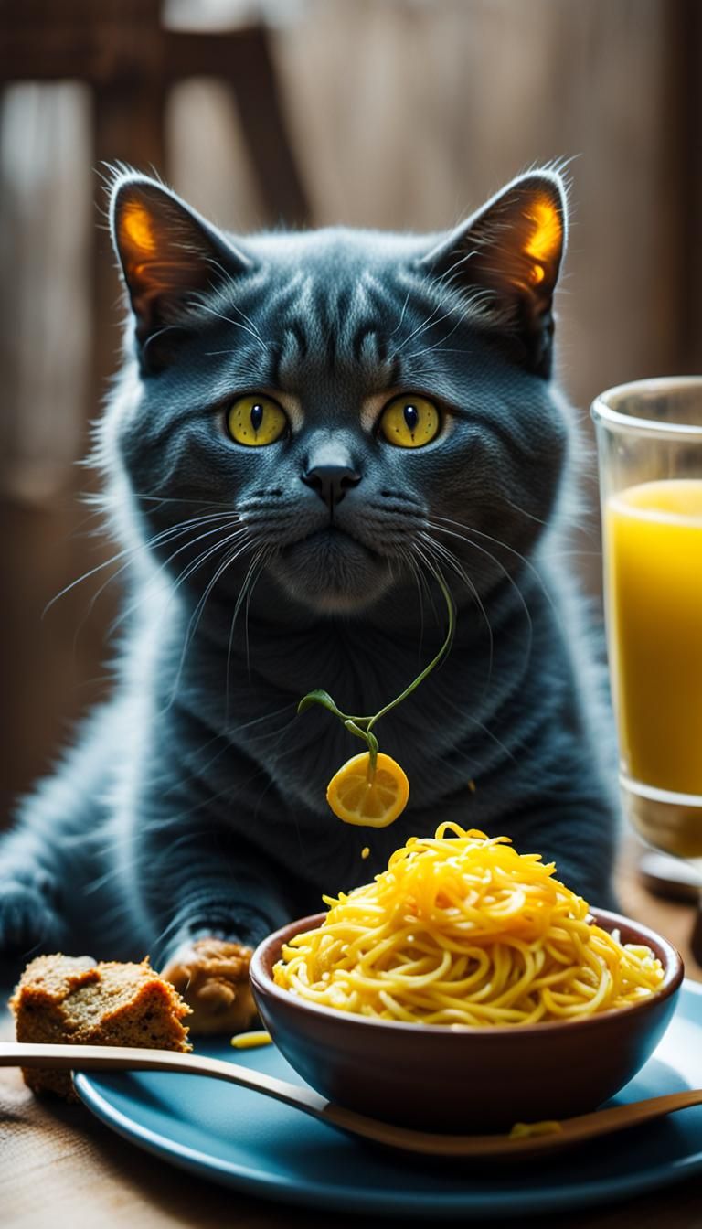 Cute Cat Eating: Detailed Matte Painting