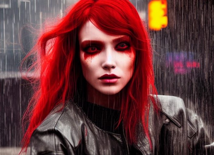 Cyberpunk Woman at Bus Stop in Rain