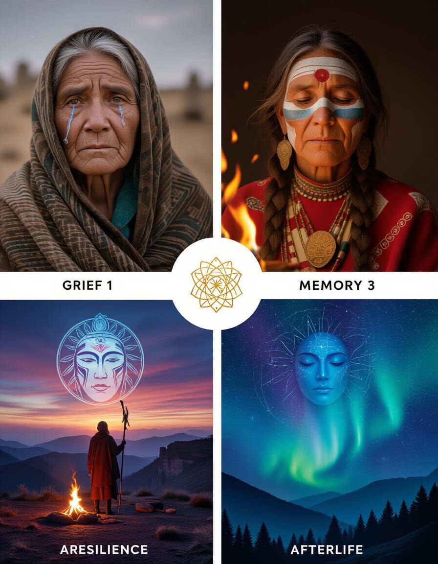 Elderly Tribal Woman's Emotional Journey in Four Panels