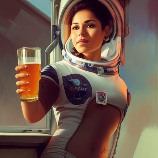 Latina Astronaut With Beer: Hyperdetailed Digital Portrait