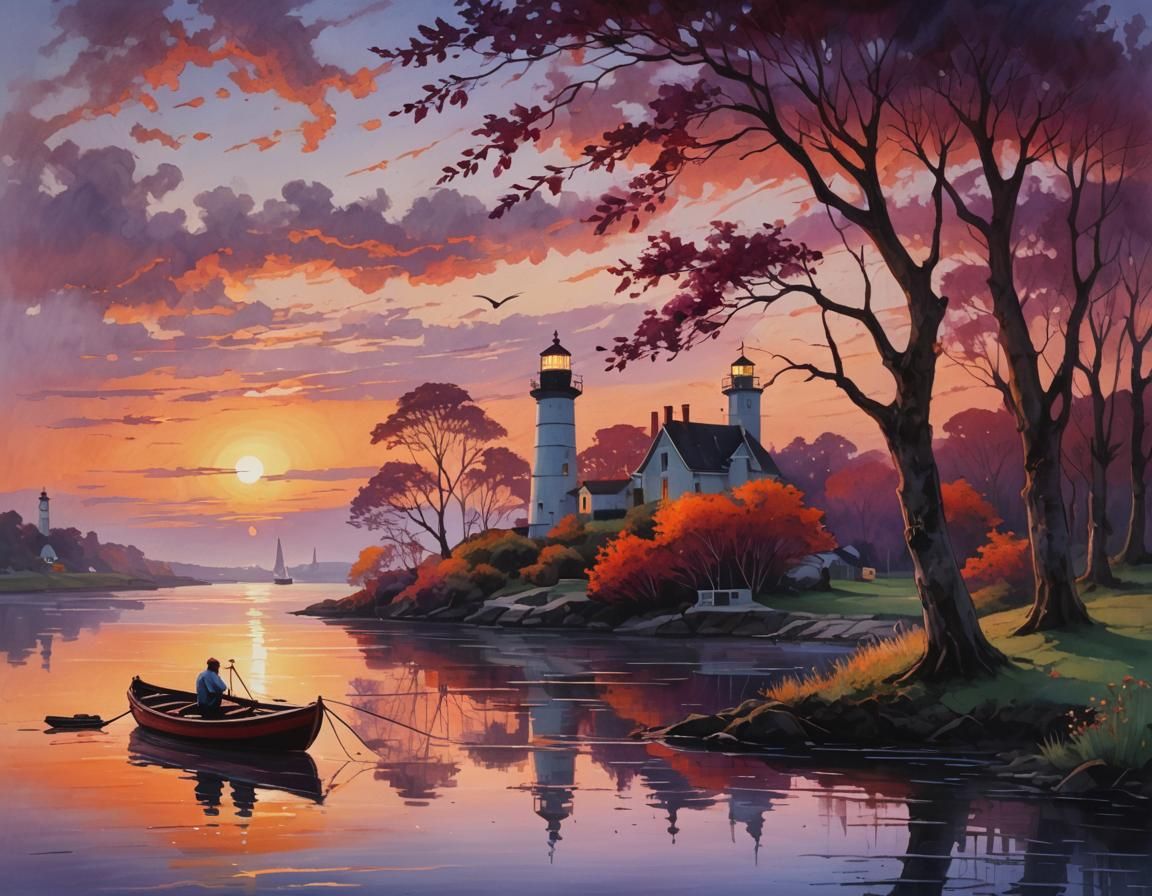 Ethereal Sunset Rowboat Scene with Lighthouse
