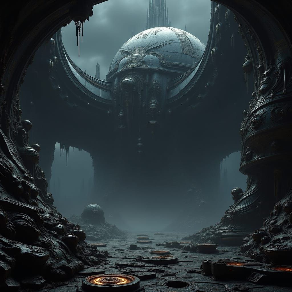 Ethereal Horror Scene in Dark Cyberpunk Aesthetic