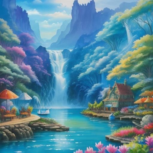 Whimsical Watercolour Painting of Waterfalls and Sailboats