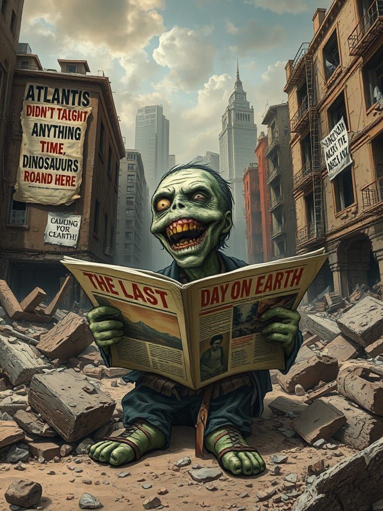 Humorous Apocalyptic Cityscape Caricature in Storybook Style