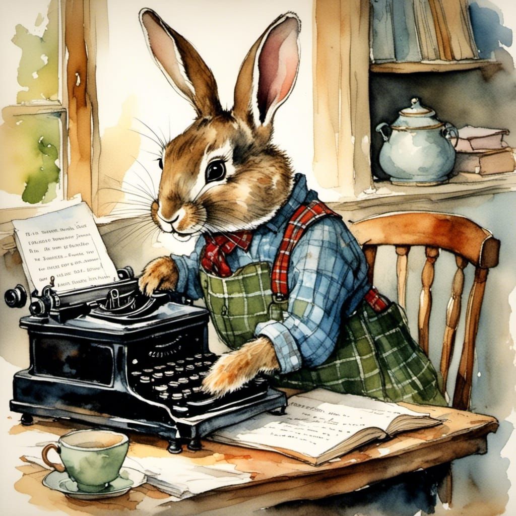 Whimsical Rabbit Writes: Adorable Watercolor Illustration