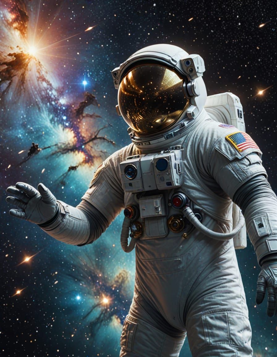 Astronaut Reaching for Galaxy in Vibrant Nebula