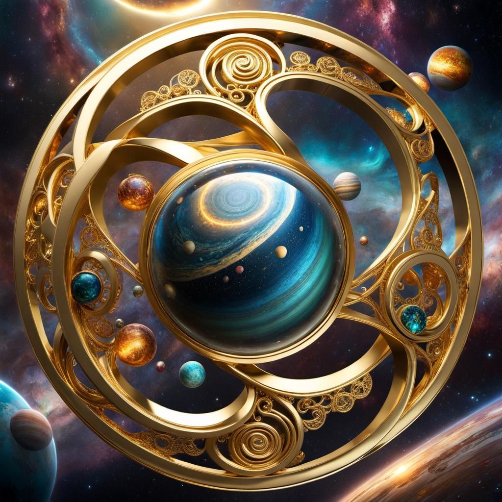 Golden Infinity Ring with Planets, Fantasycore Art