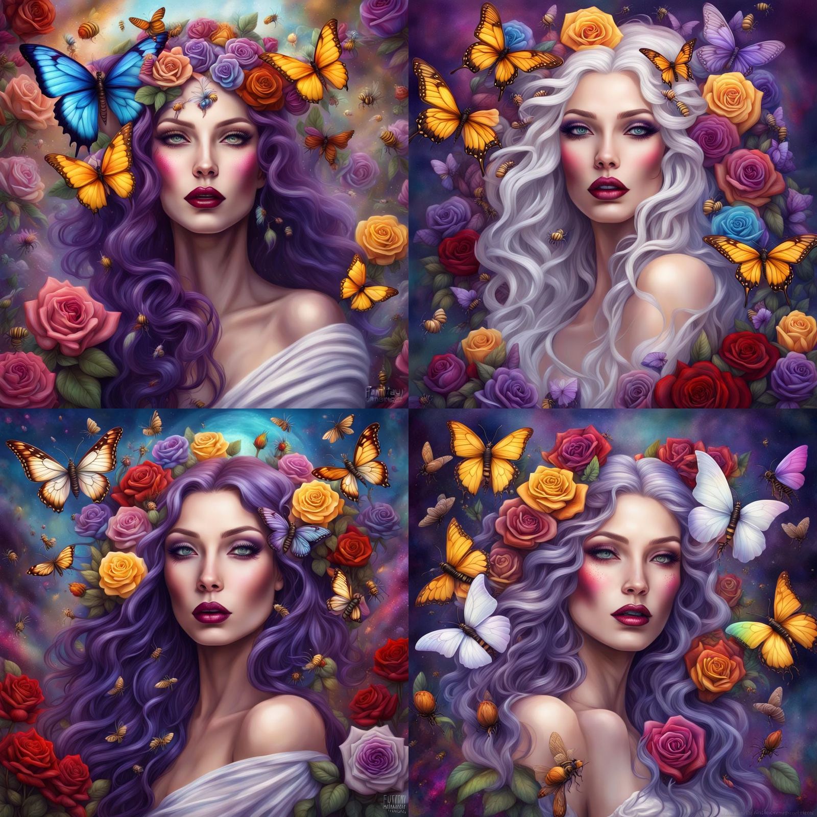 Goddess Portrait with Purple Hair and Rainbow Roses