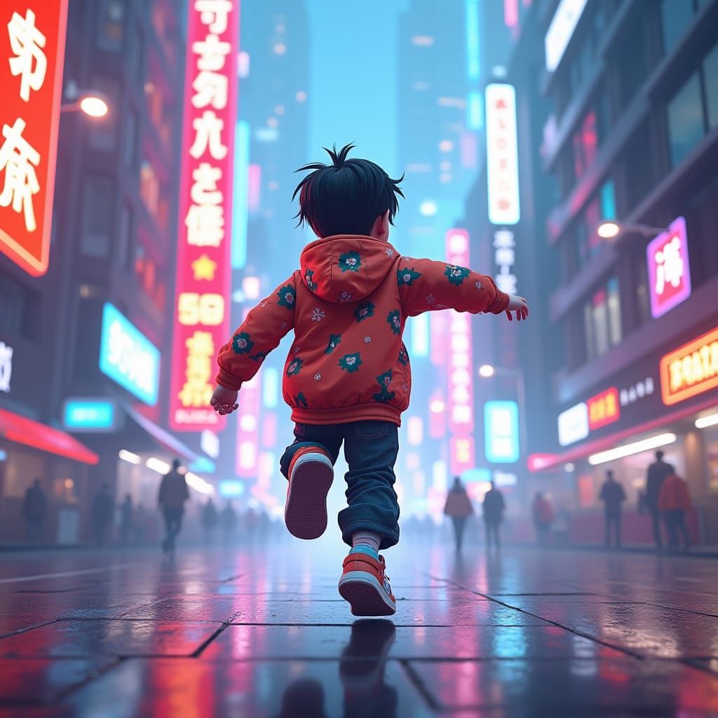 Energetic Boy Runs Through Futuristic City: 3D Anime Art