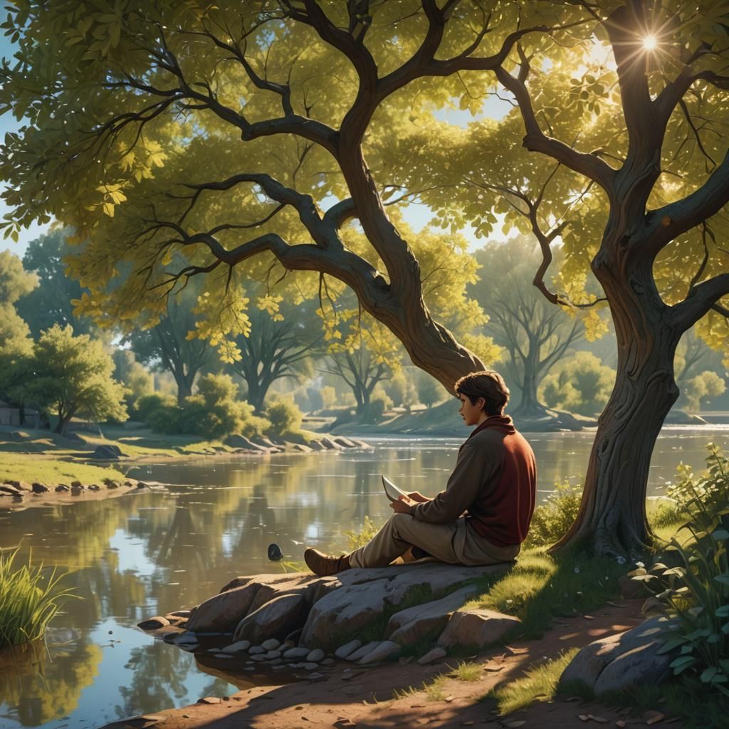 Tranquil Riverside Scene with Intricate Details