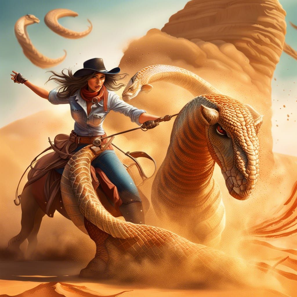 Cowgirl Under Attack by Sand Snake: Hyperrealistic Art