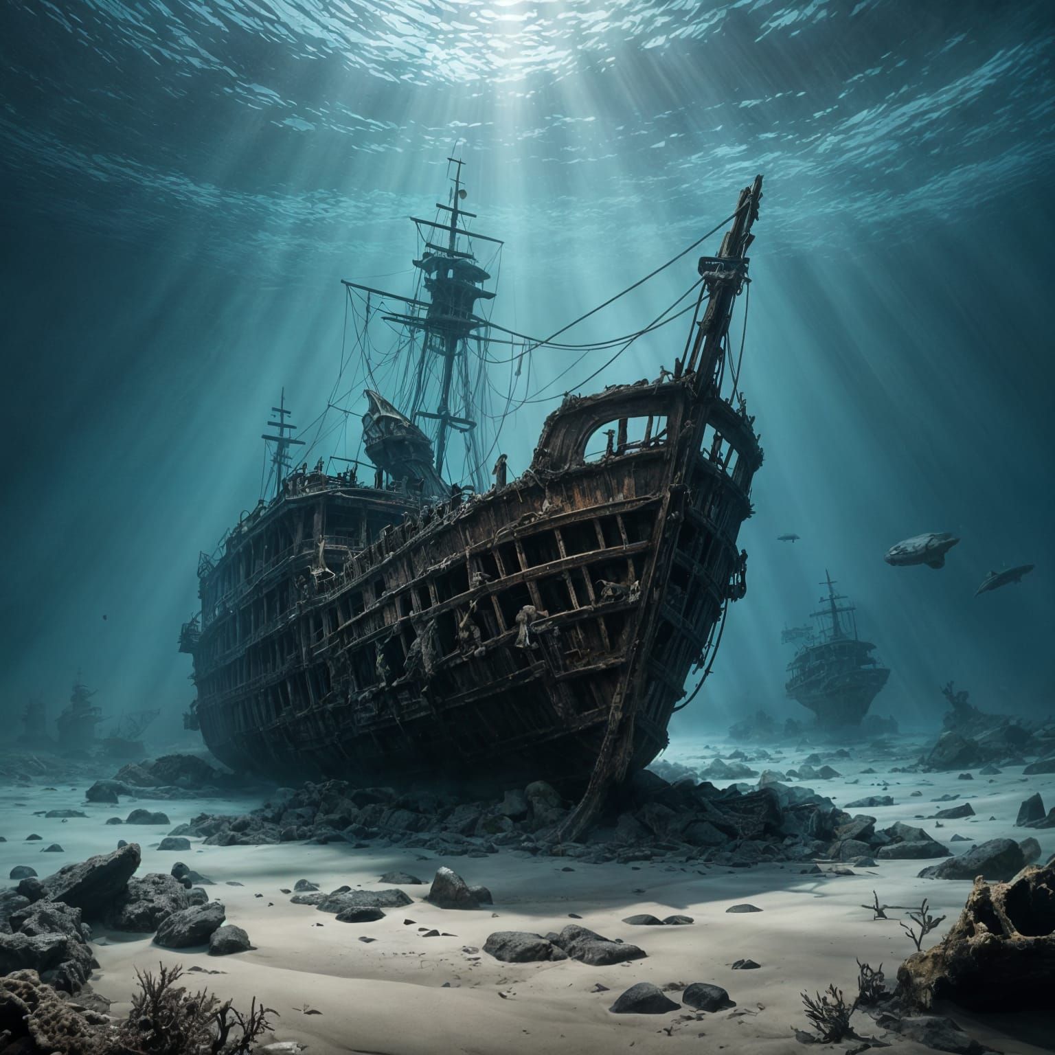 Ancient Shipwreck on Ocean Floor in Cinematic Style