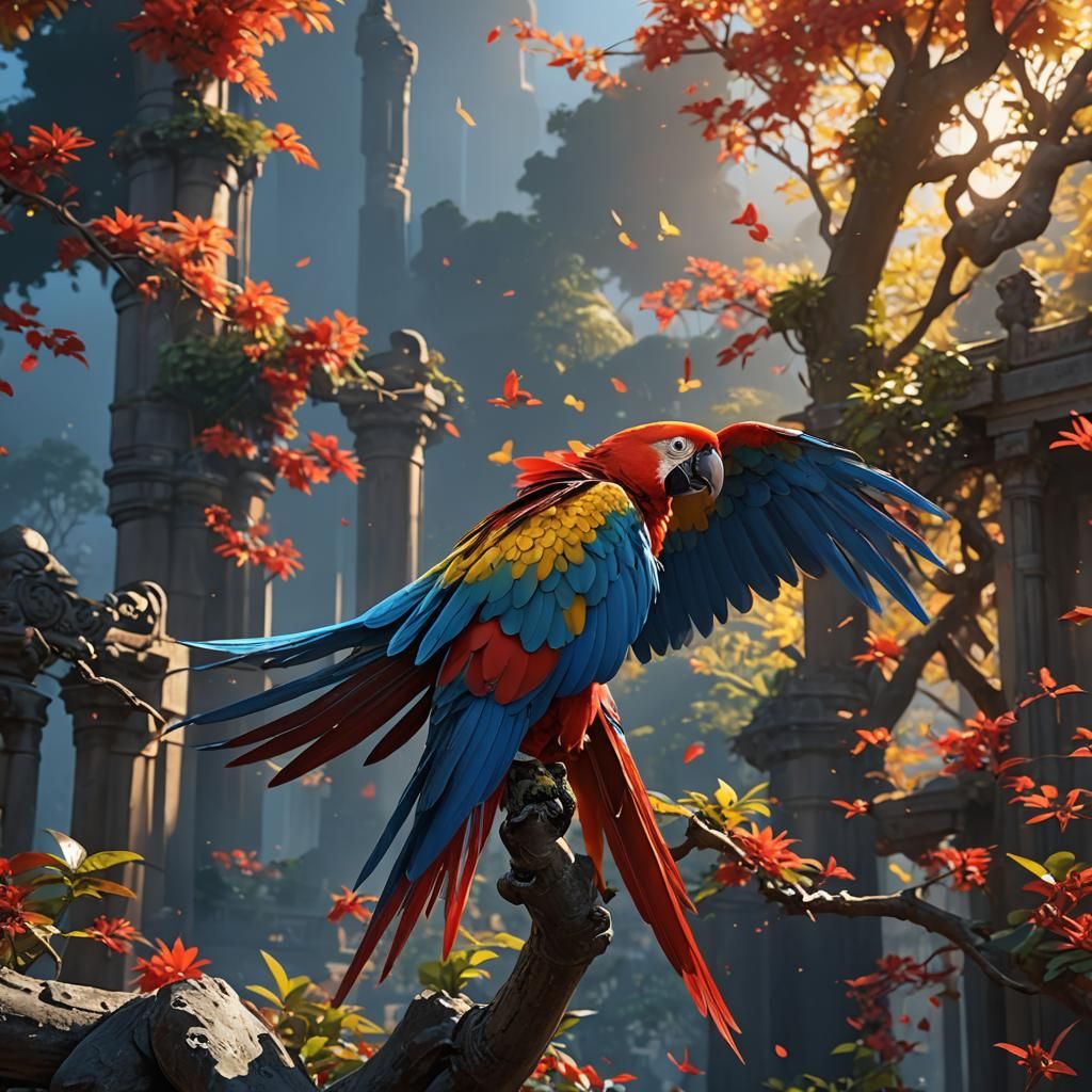 Anime Style Parrot in Sky Blue, Red and Yellow