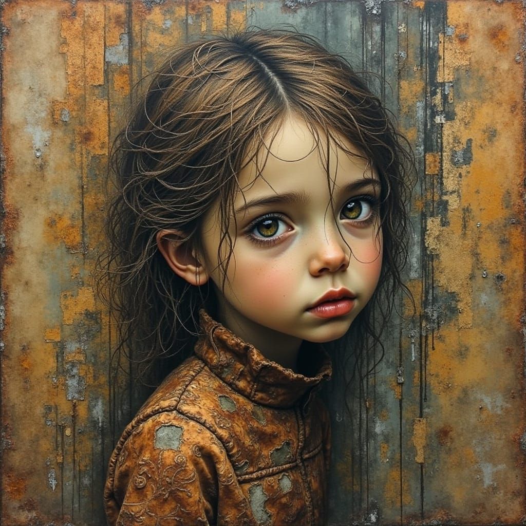 Child Portrait in Ruined City on Tea-Stained Parchment