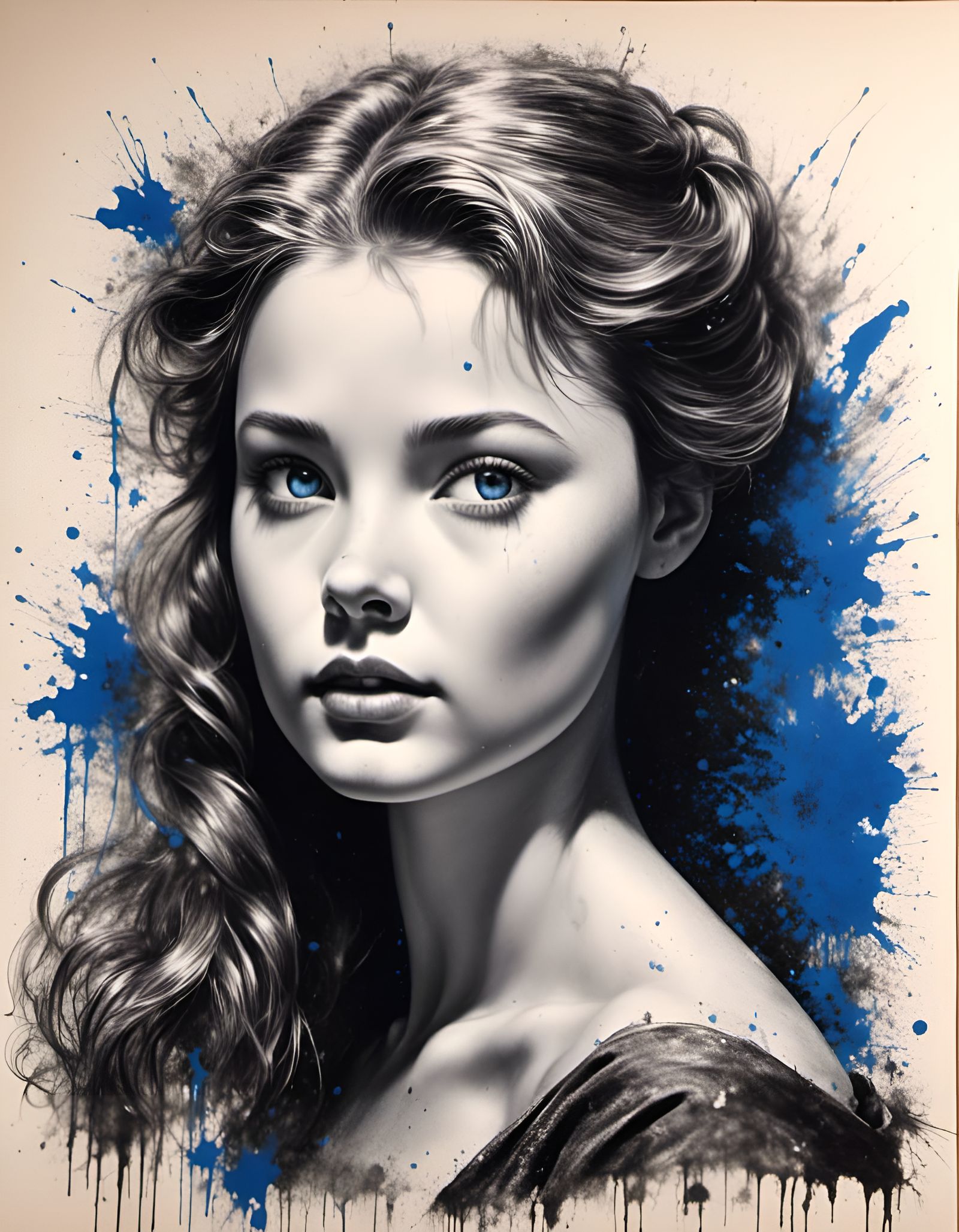 Expressionist Charcoal Sketch of Princess Belle with Blue Ey...