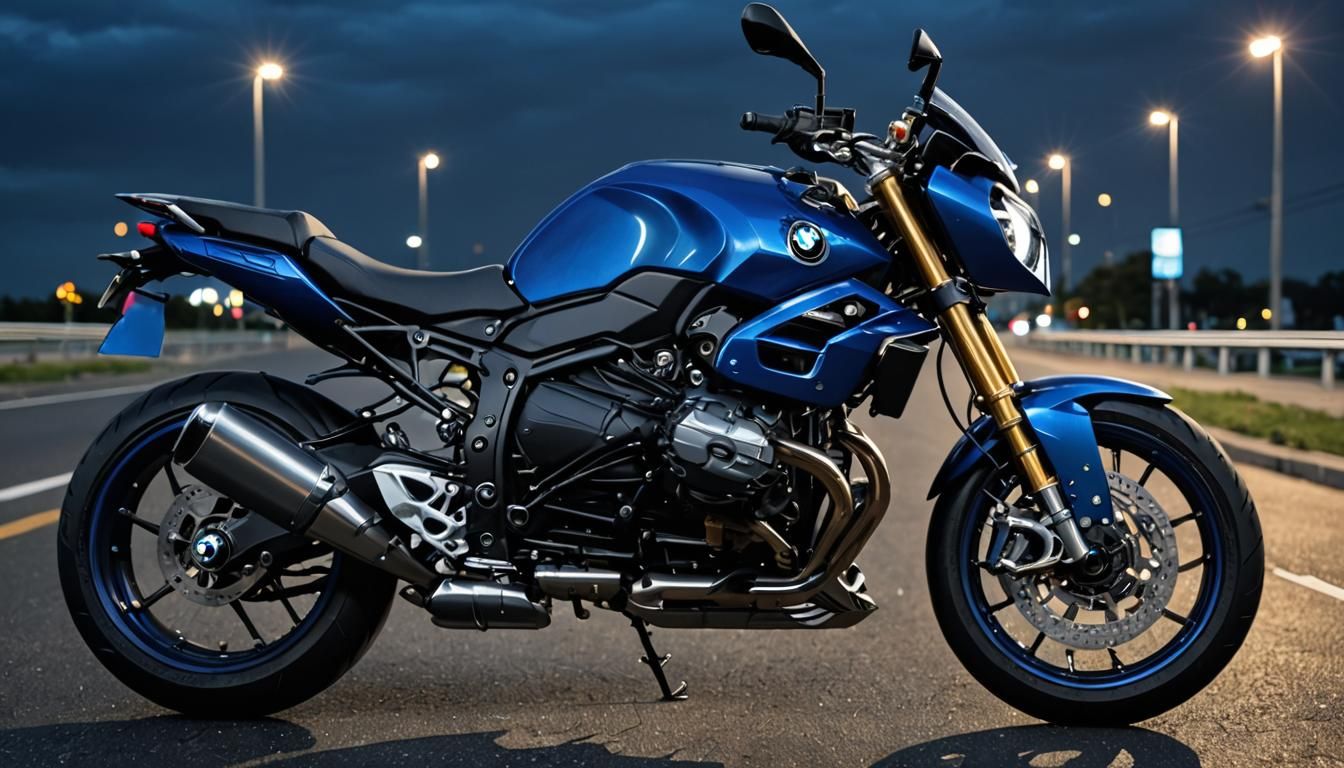 Blue BMW Motorcycle in Neon City: Hyperrealistic Photography