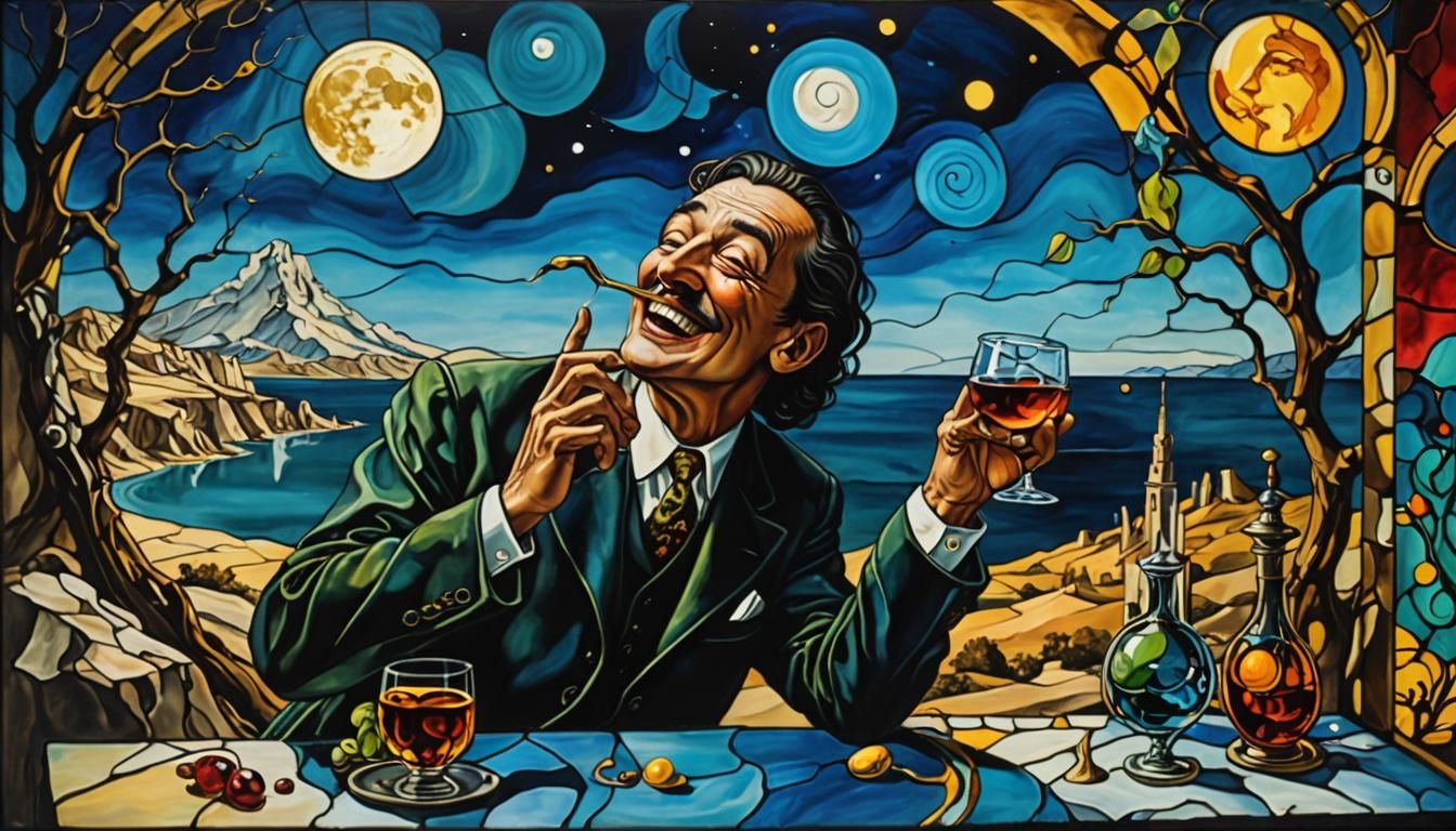 Surreal Stained Glass Figure Laughing at Moon