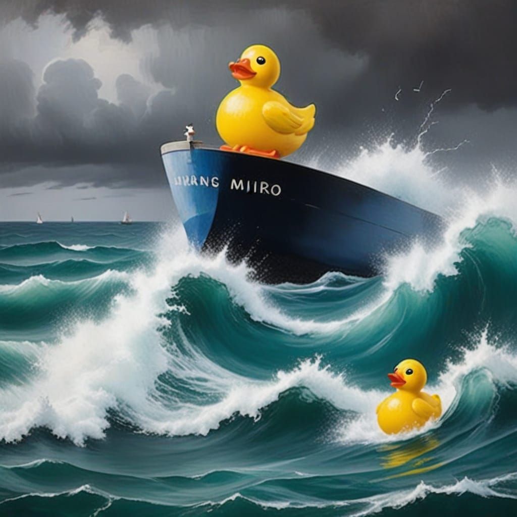Surrealist Rubber Duck Rescues Friend in Stormy Sea