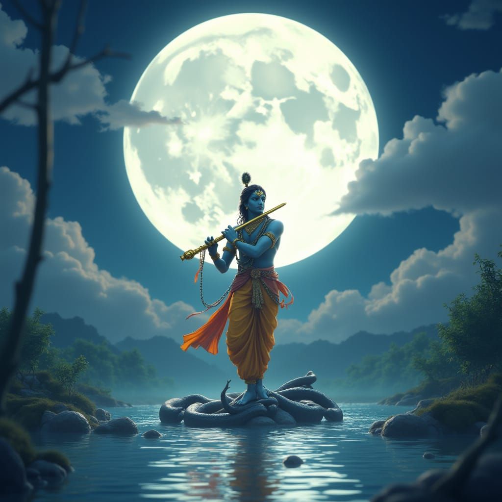 Lord Krishna Confronts Kaliya in Radiant Moonlight