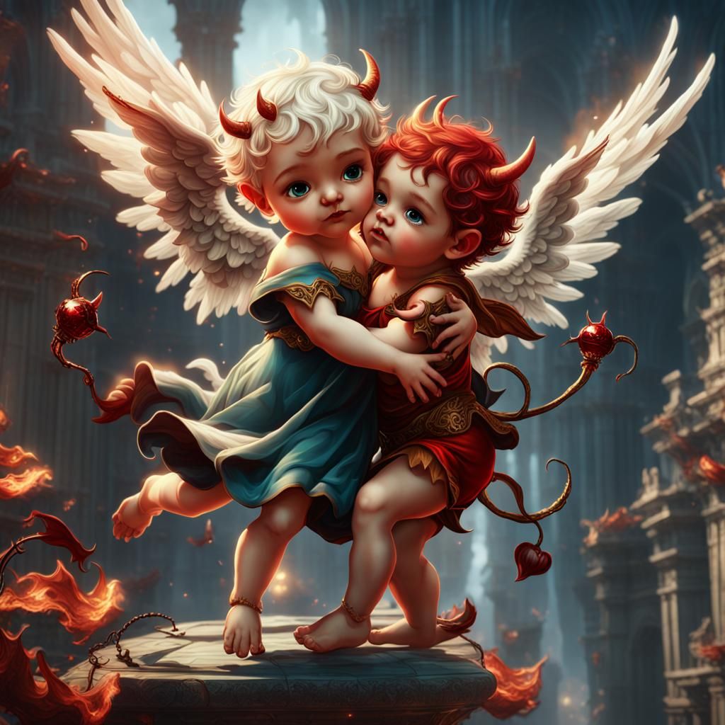 Cupid and Devil Fly: Detailed Fantasy Art