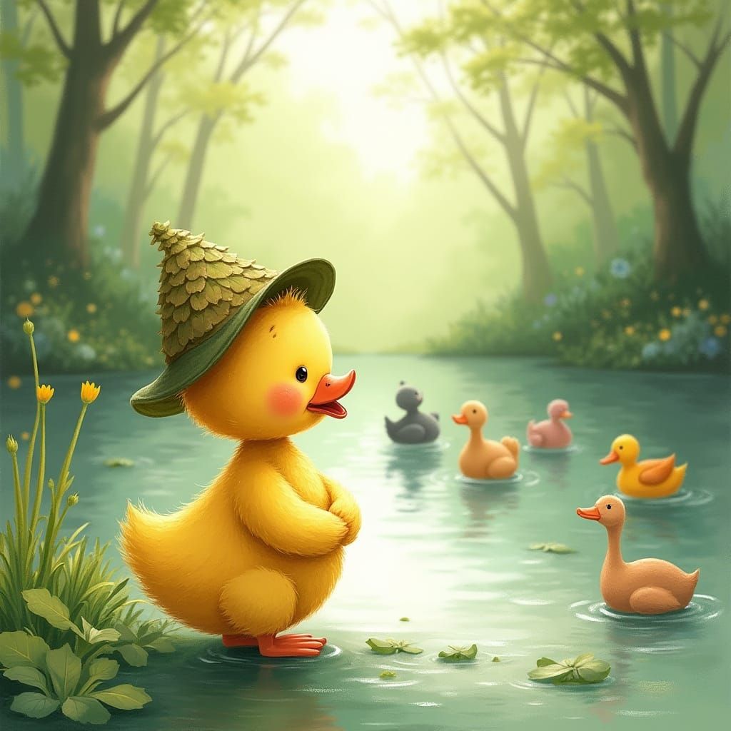 Golden Duckling Enjoys Whimsical Pond Scene in Watercolor St...