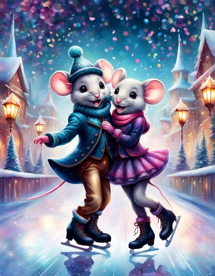 Cute mouse couple ice skating
