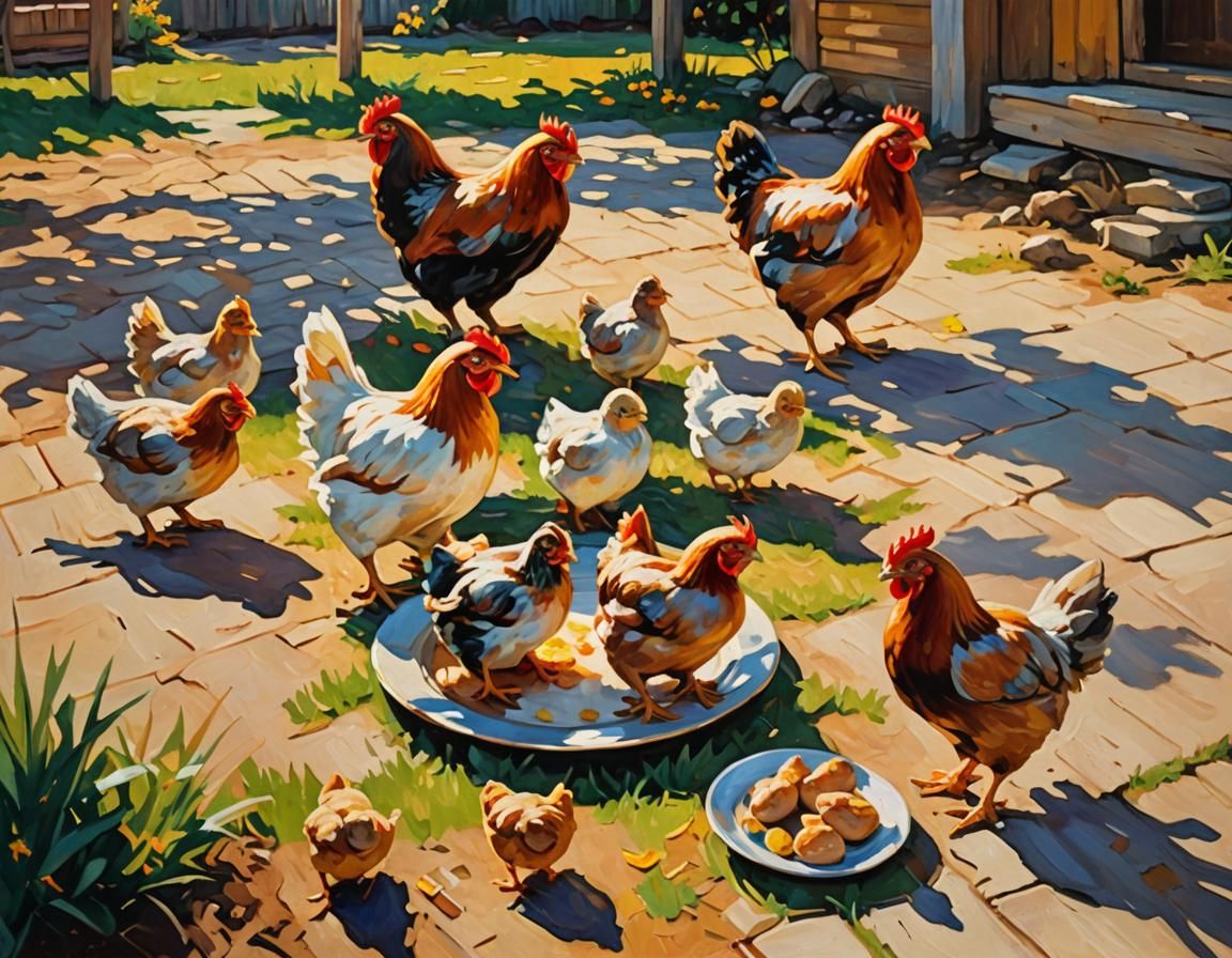 Impressionist Chicken Farmyard Scene in Oil