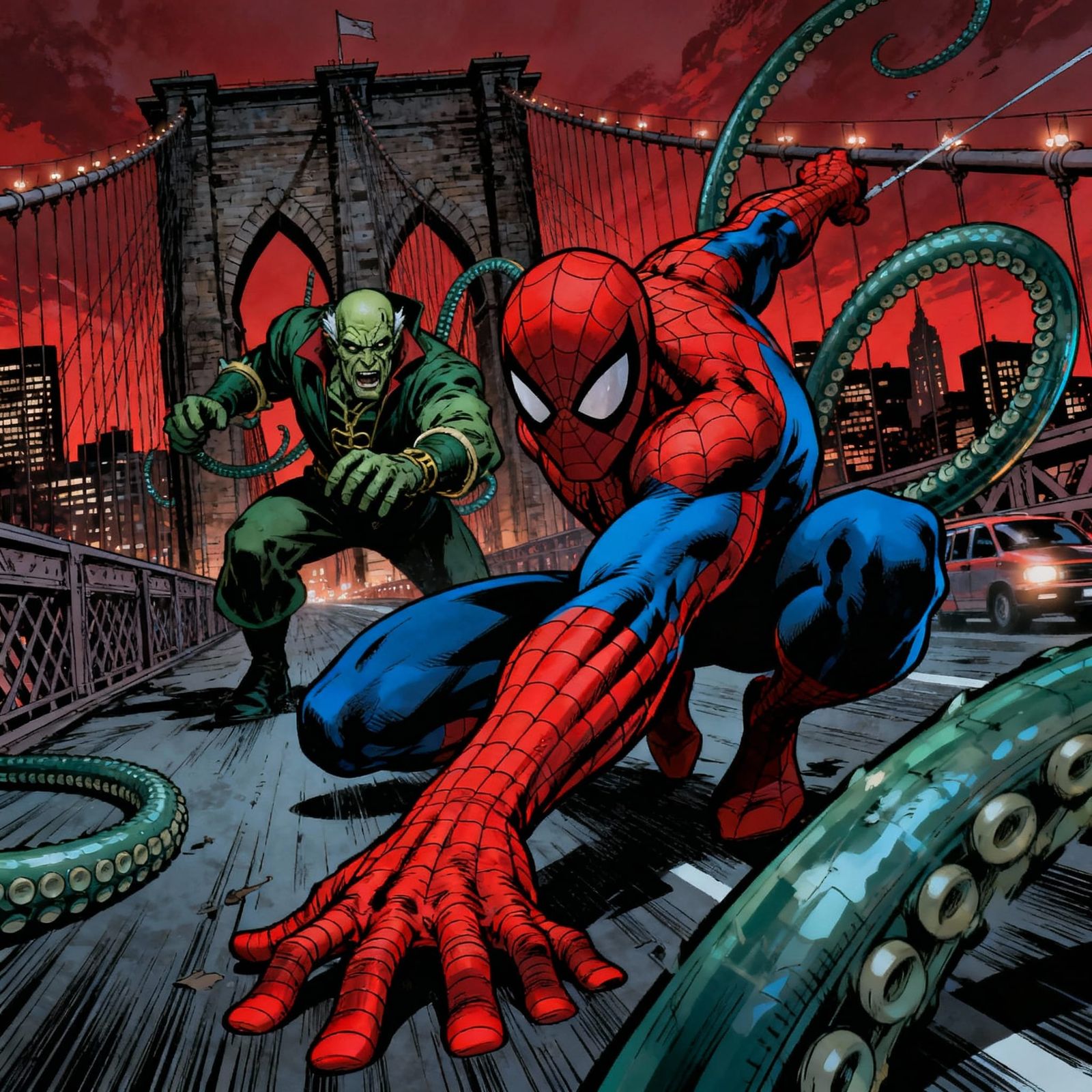 Spider-Man Fights Doctor Octopus on Brooklyn Bridge