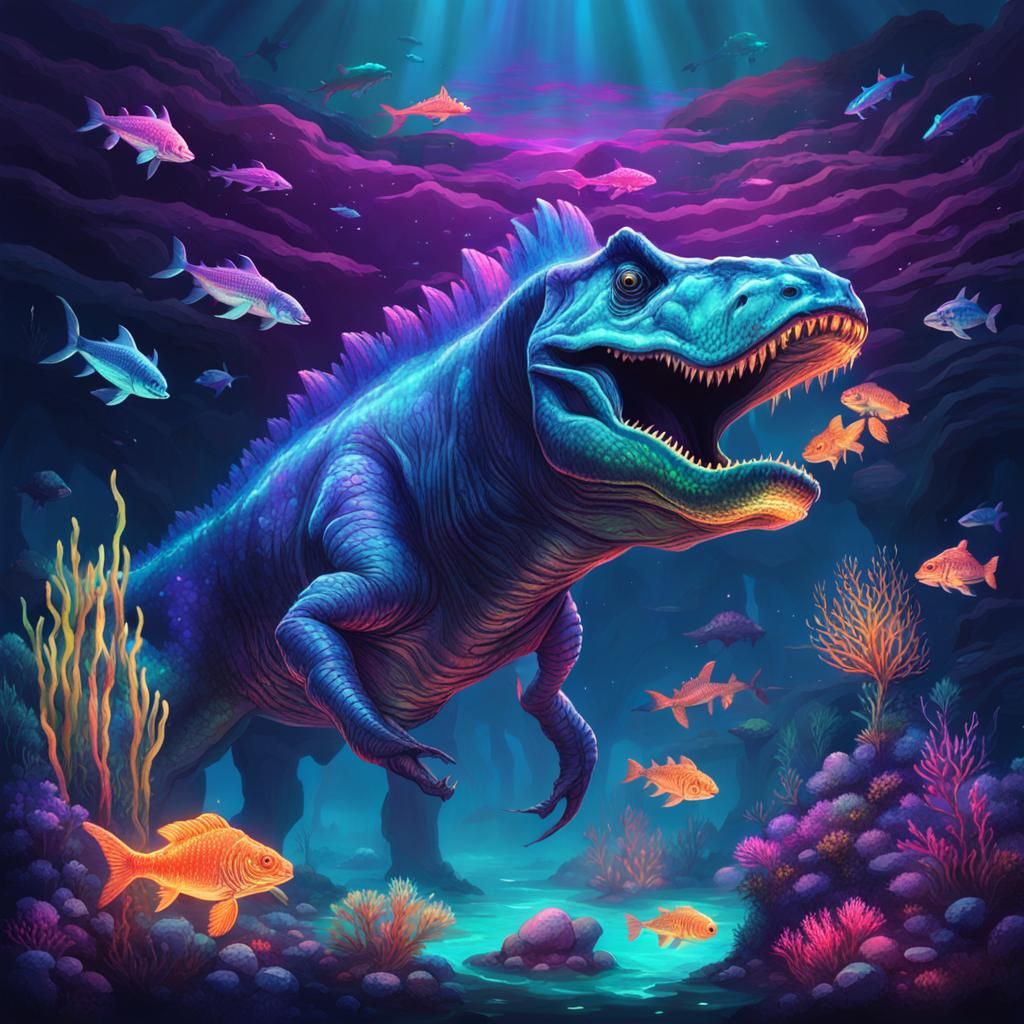 Iridescent Megasaurus in Bioluminescent Abyss: Synthwave Sty...