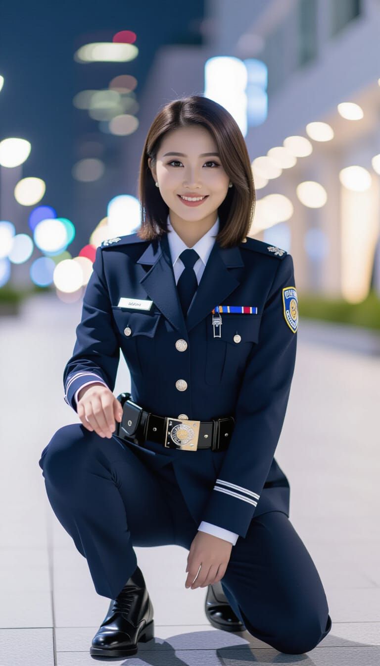 Asian Woman Police Officer in Satin Uniform, Low Angle Shot