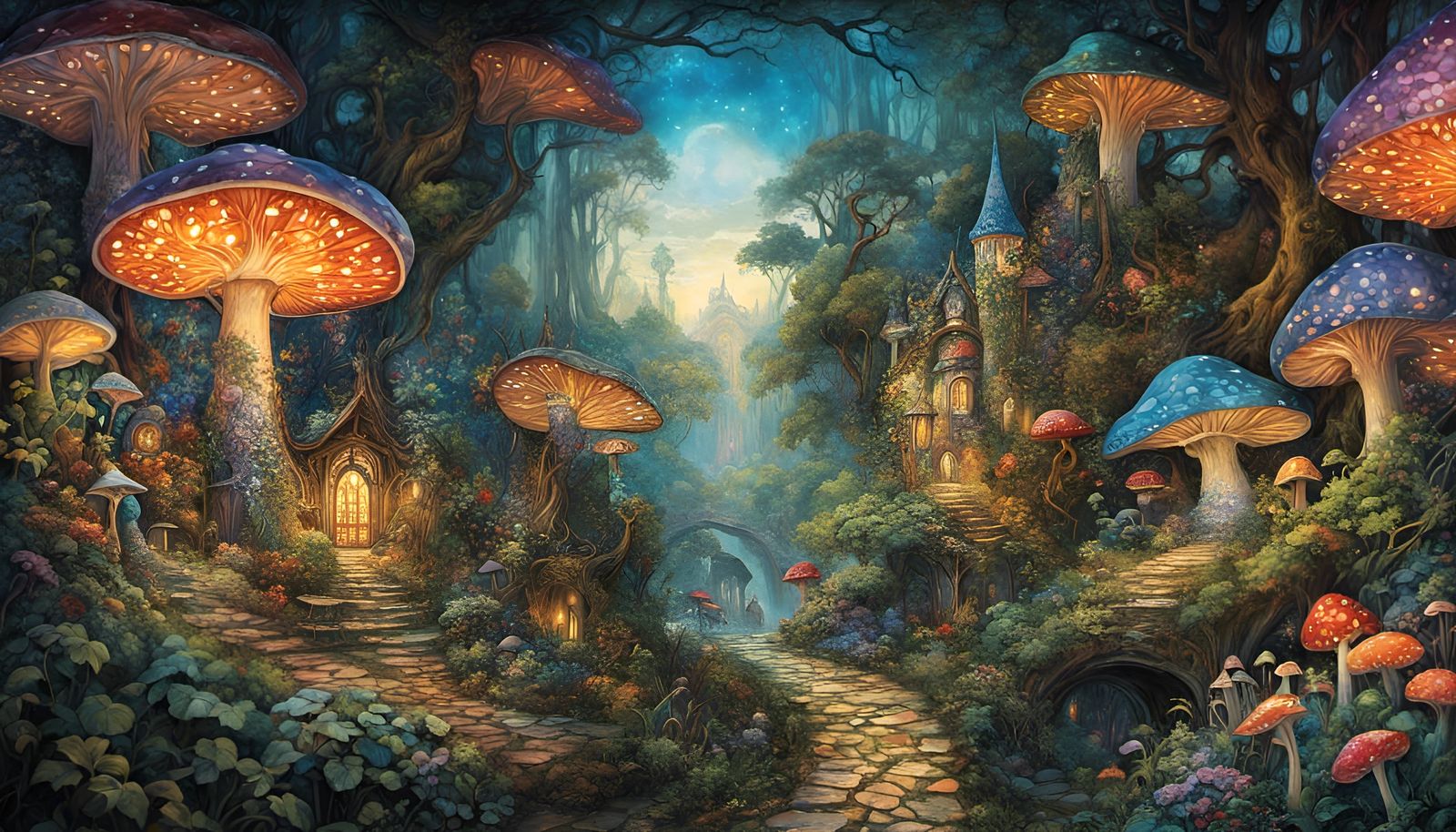 Enchanted Fae Village Illustration in Art Nouveau Style