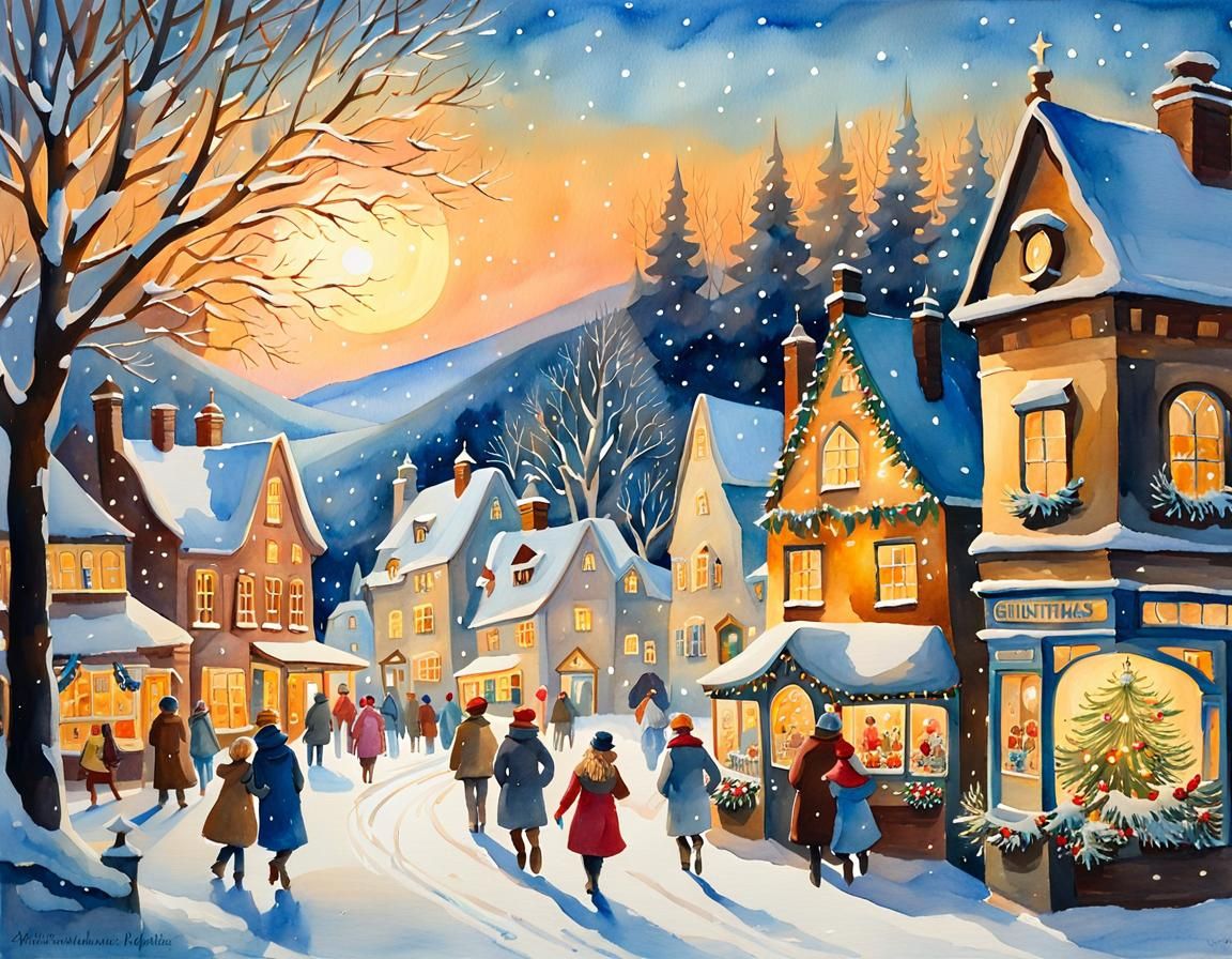 Festive Christmas Village in Watercolor Gouache Style
