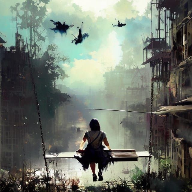 Woman on a Swing: Detailed Cel-Shaded Poster Art