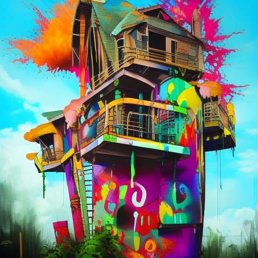 Colorful Graffiti Treehouse in Splash Art Style