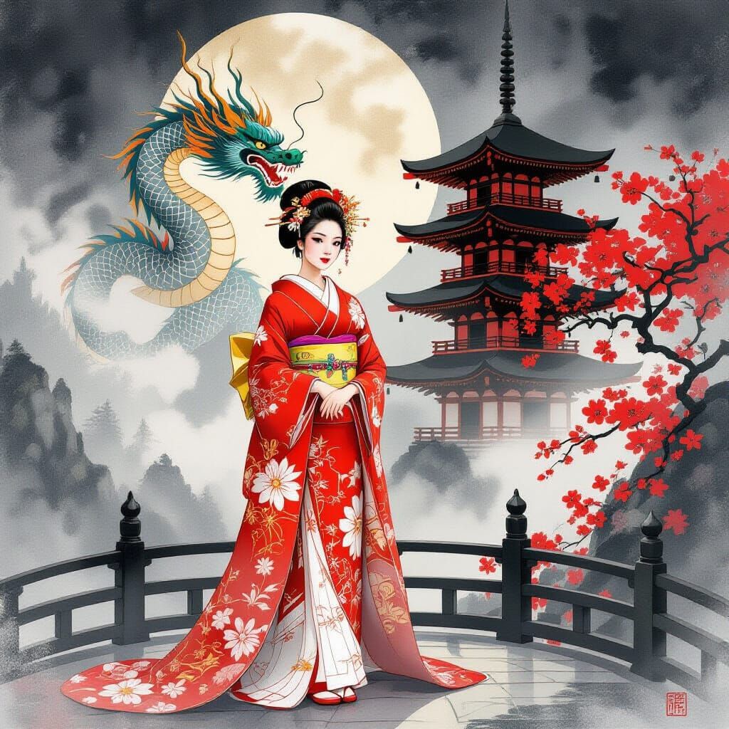 Japanese Woman in Kimono, Watercolor Style