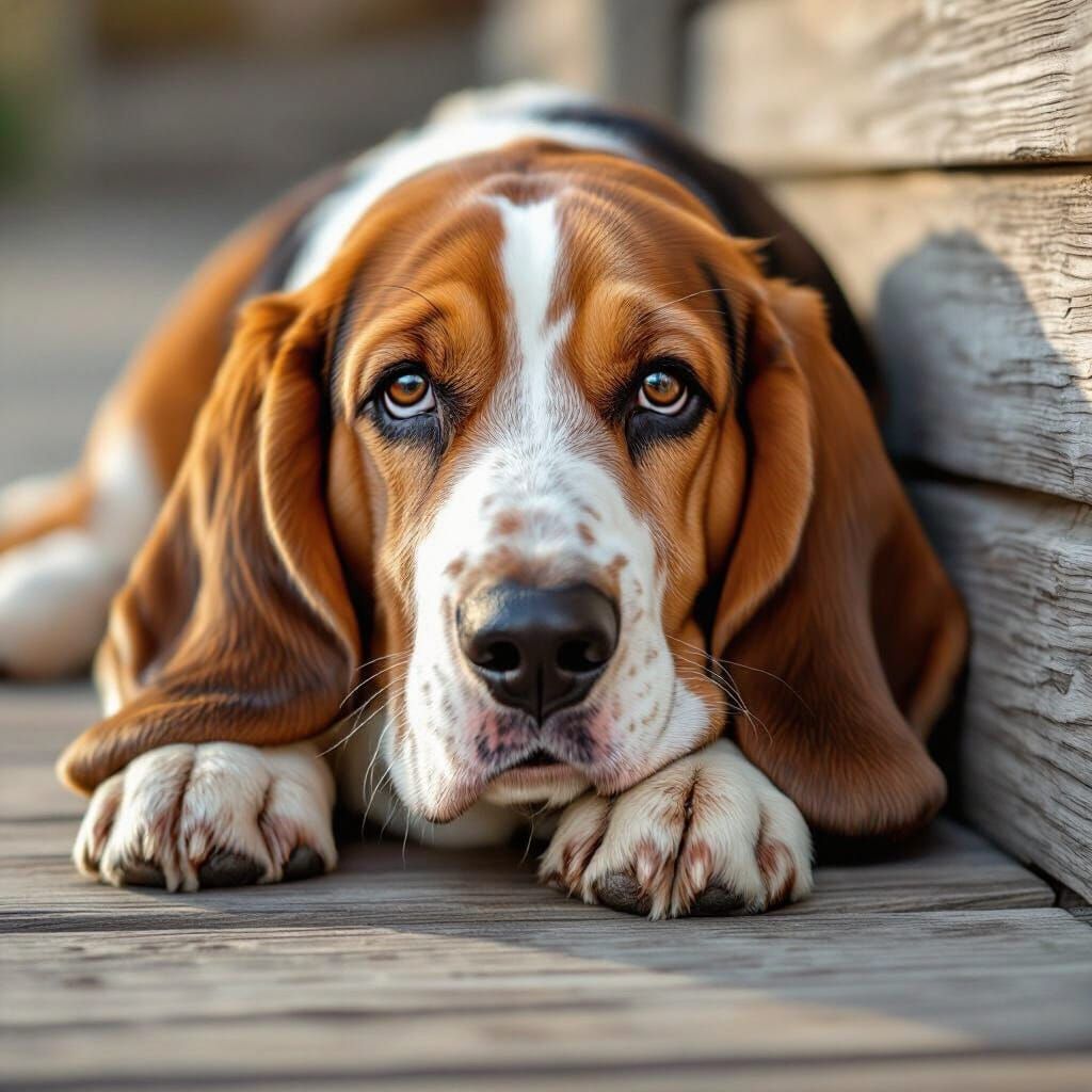 Basset Hound Resting on Porch at Golden Hour