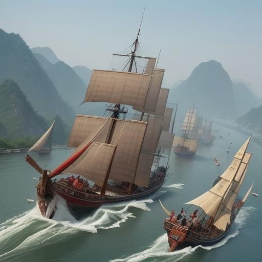 Chinese Junk Ships Racing Down River
