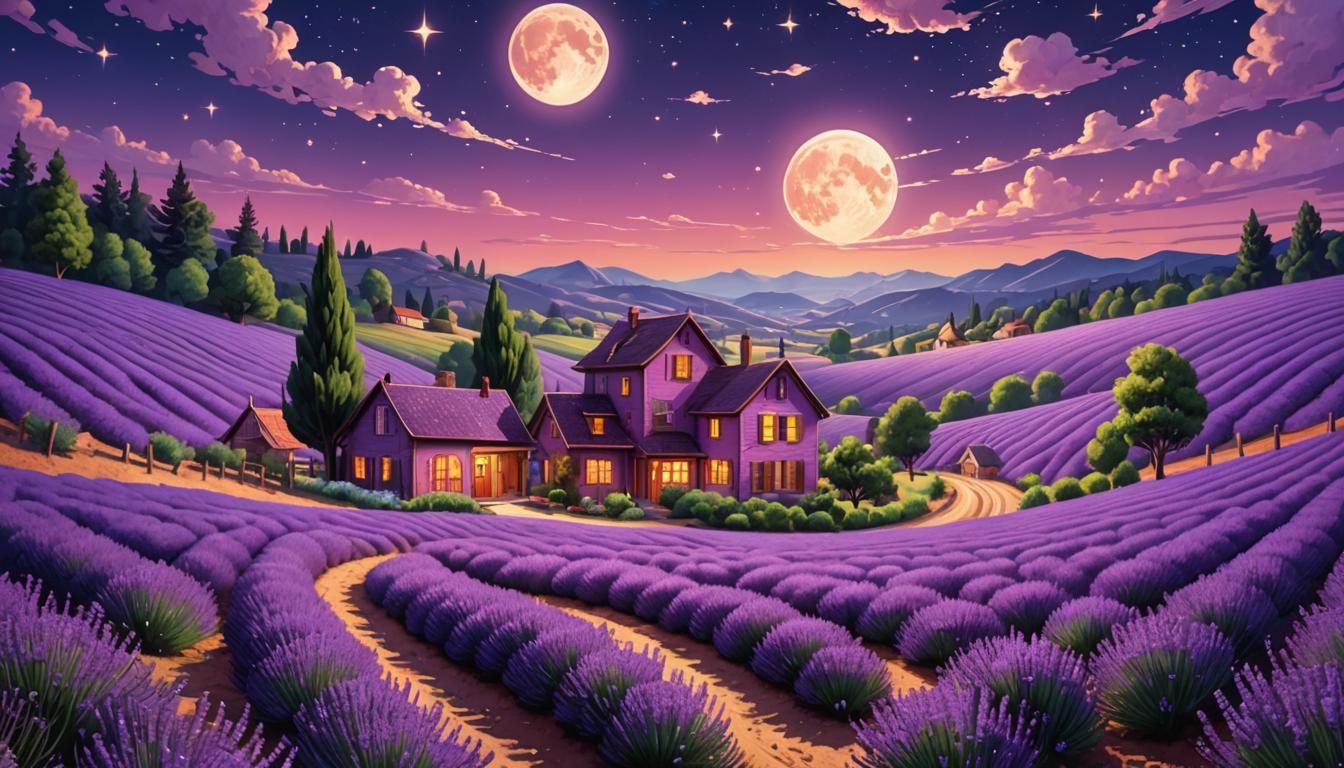 Lavender Fields at Night in Candy Art Style