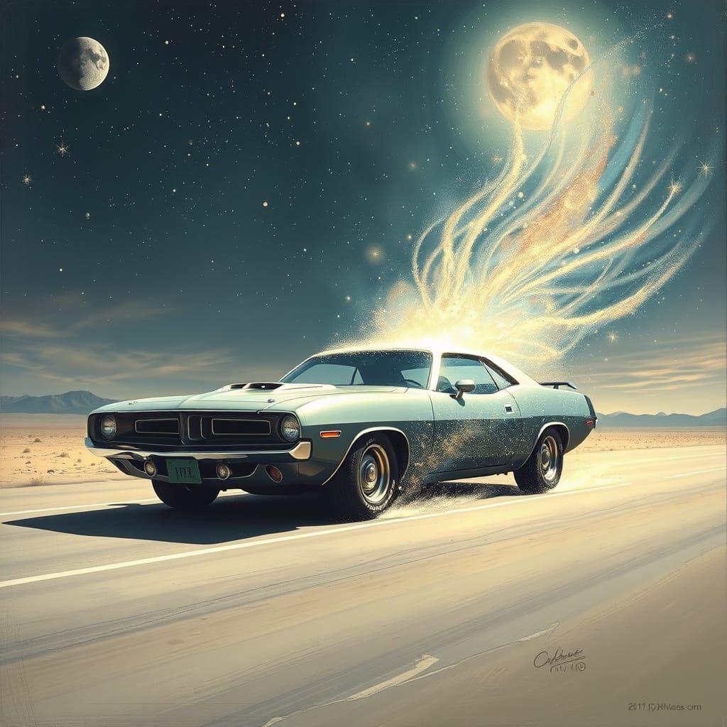 Surreal 1972 Plymouth Barracuda Transforms into Cosmic Being