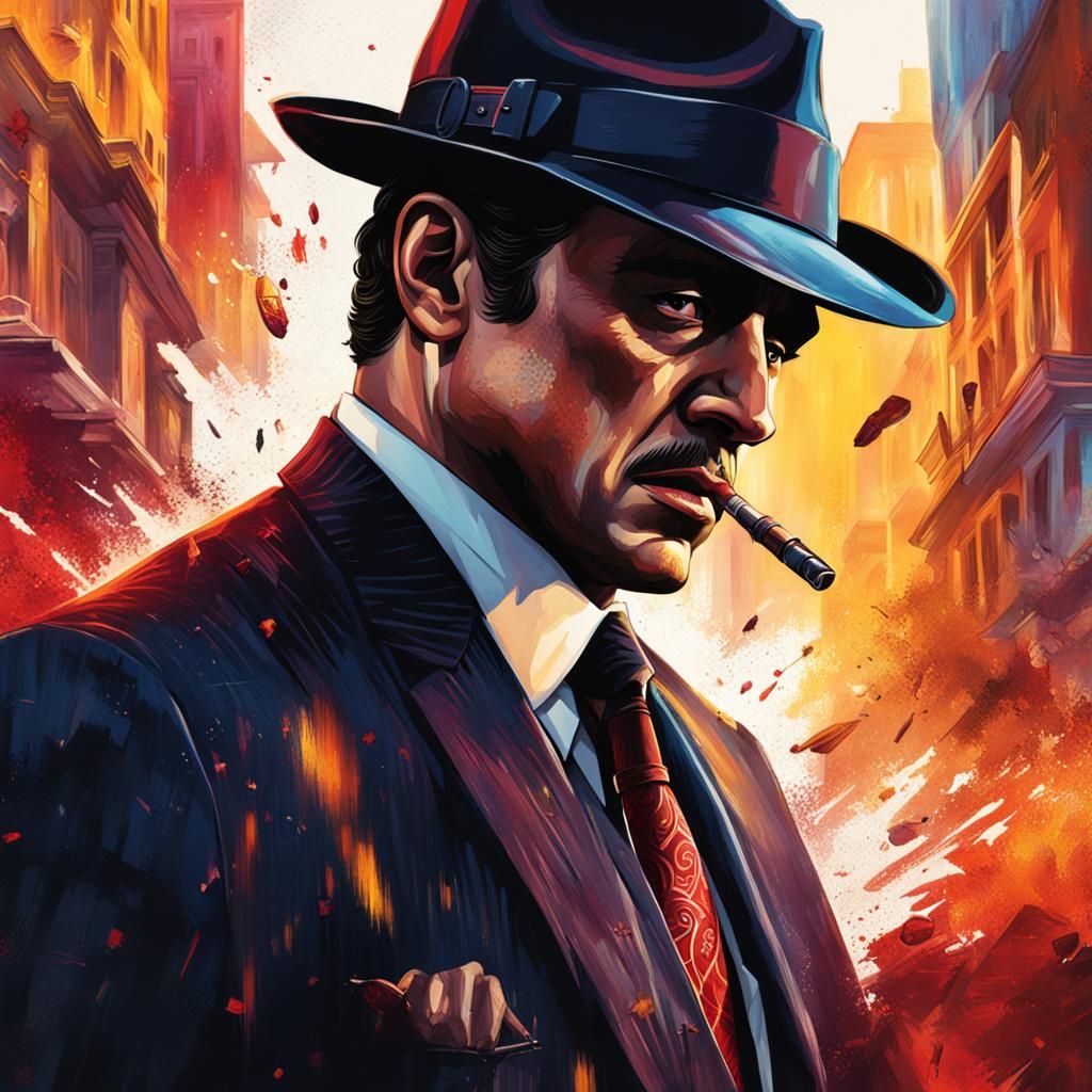Hyperrealistic Mafia Portrait with Colorful Accents