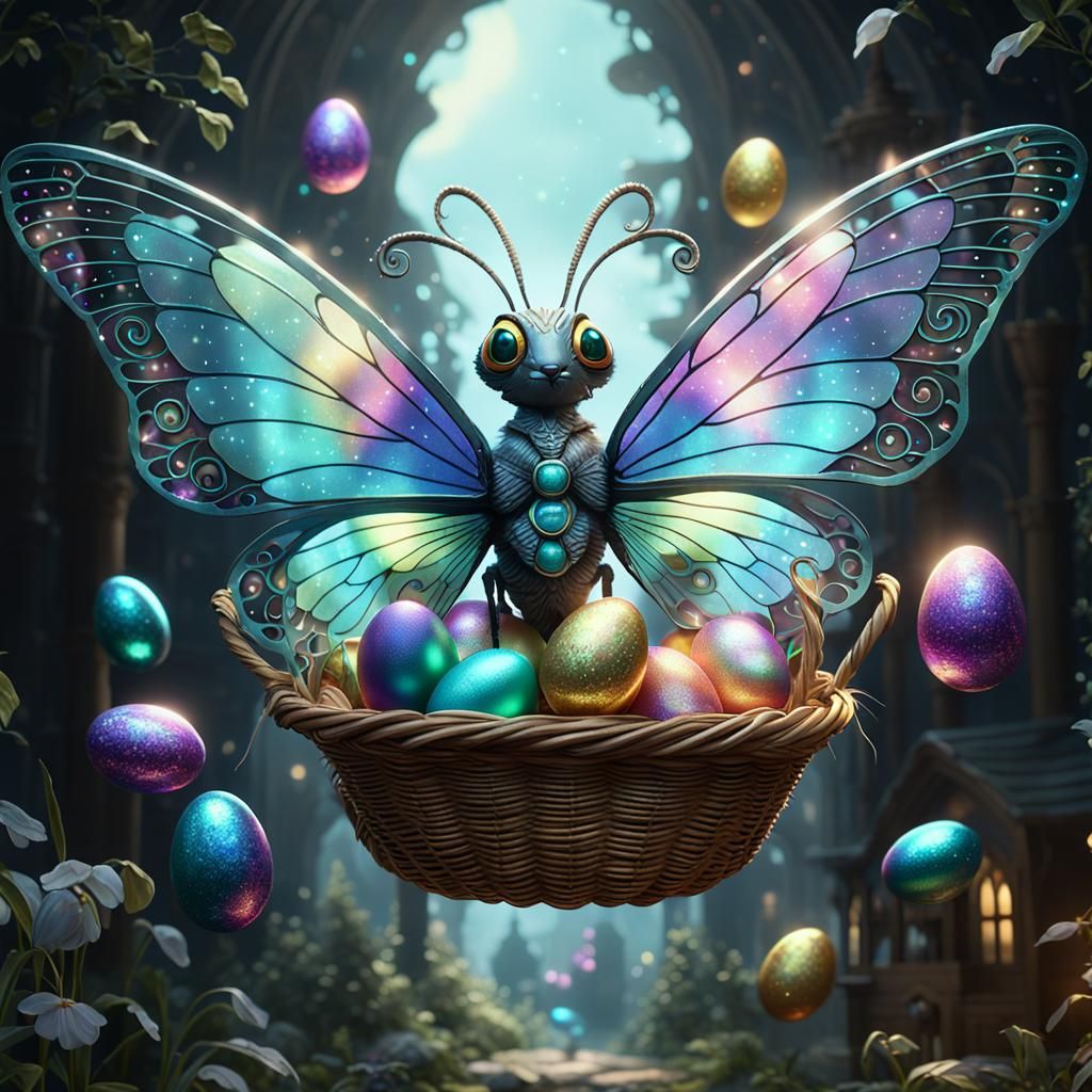 Iridescent Butterfly Carrying Easter Eggs, Digital Art