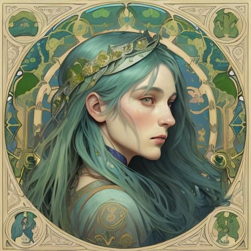 Art Nouveau Portrait of a Woman with Green Hair