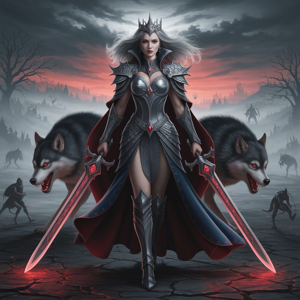 Queen Leads Wolf Army in Dark Fantasy Digital Art