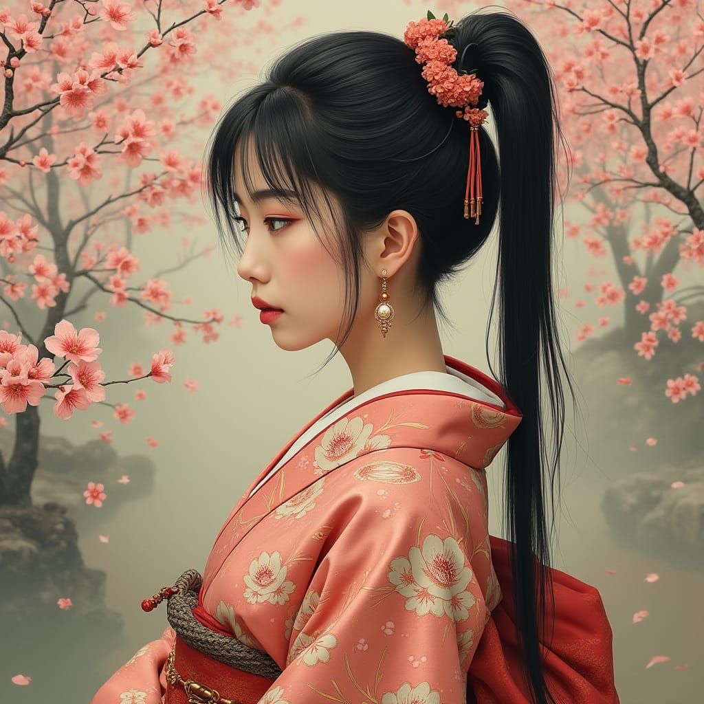 Kimono-Clad Woman in Japanese Garden Setting