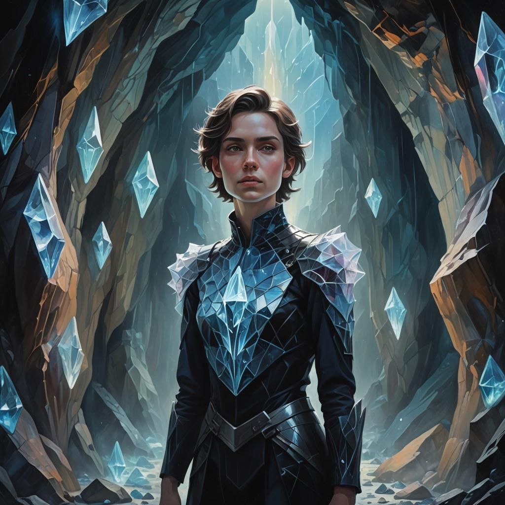Androgynous Figure with Crystals in a Dark Cave