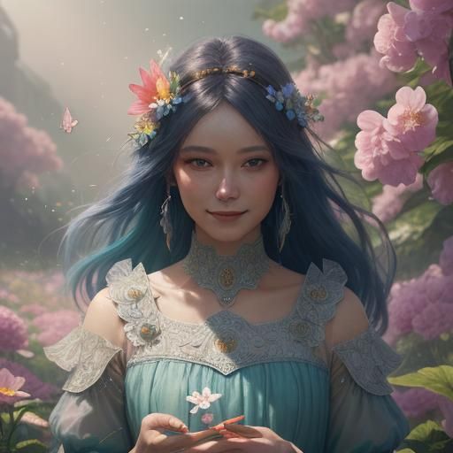 Girl in Whimsical Garden: Dreamlike Digital Art